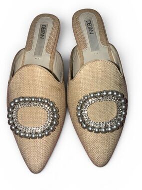 Delman Beige Woven Pointed-Toe Mules with Pearl & Crystal Buckle NWOB